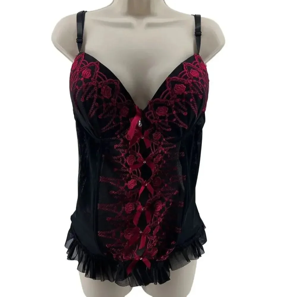 Just Sexy Lingerie Sheer Black Red Lace Lingerie Bustier Womens Size 3X